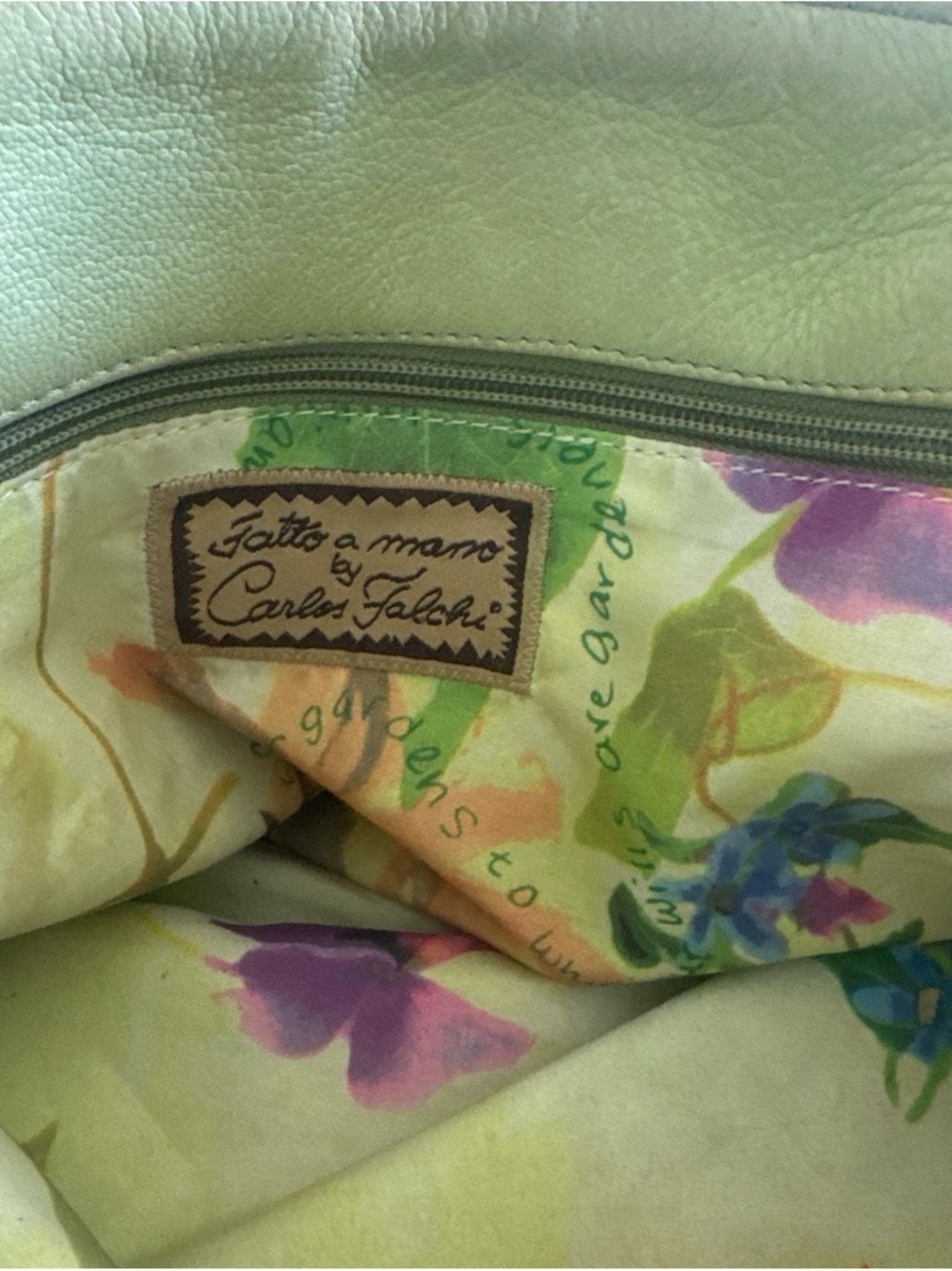 Carlos Falchi Light Green Leather Tote with Floral Lining